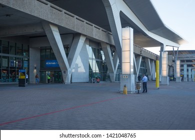 Cape Town - May 29, 2019:  The Exterior Modern Architecture Of The Arrival And Departure Terminal Building At Cape Town International Airport Where There Is A Smoking Zone For Passengers 