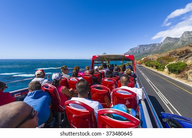 CAPE TOWN RED BUS TOUR, SOUTH AFRICA - JANUARY 7 2016: A very popular hop on hop off tour bus that travels through the city and along the coastlines