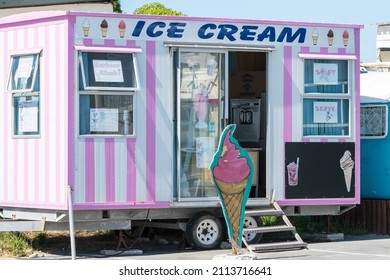 Cape Town - September 21, 2021:  Ice Cream Pop Up Mobile Kiosk Selling Soft Serve Ice Cream To The Public 