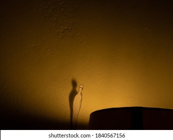 Cape Town, South Africa - 05/20/20

Paper Doll Man, Standing On Top Of A Lamp Shade, Staring Into The Bright Yellow Light. Appearing Lonely And Melancholic, But Focusing On The Light.