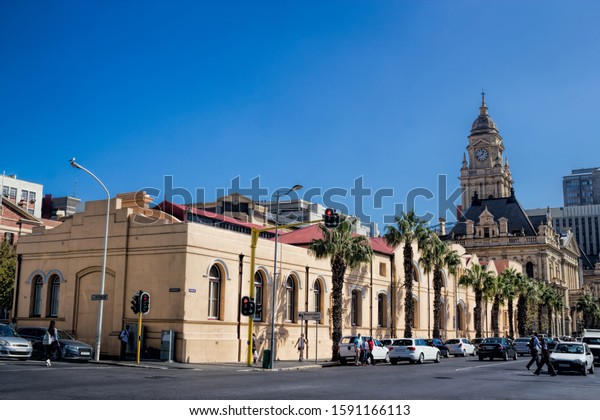 Cape Town, South Africa - April 15th, 2016\
- Street at Grand Parade with old town\
hall