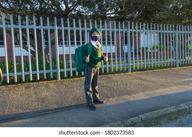 Cape Town, South Africa - August 2020: Back To School After Lock Down, Young Boy Goes To School Wearing Face Mask For Protection, Corona Virus Pandemic, Covid 19 In Africa.