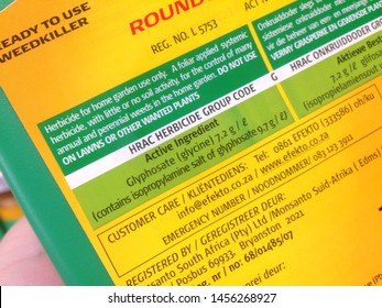 Cape Town, South Africa - July 20, 2019: View Of Product Details Of The Weed Killer RoundUp, Which Contains The Strong Herbicide Glyphosate.