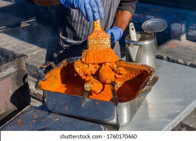 Cape Town, South Africa - June 2020: African Street Food Vendor Wearing Protective Mask, Barbecue Grilled Chicken, Covid 19, Corona Virus, Reopen.