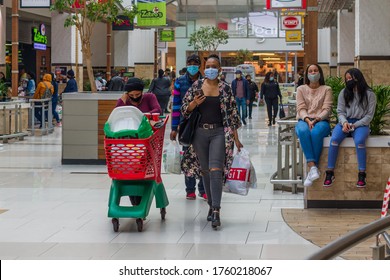 Cape Town, South Africa - June 2020: People Wearing Protective Face Masks In African Mall, Shopping In Africa, Covid 19 Pandemic, Corona Virus