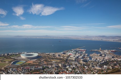 Cape Town / South Africa - March 27 2018: Arial View Of Green Point Football Stadium In Cape Town With Ocean Behind It. 