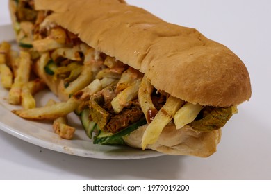 Cape Town, South Africa - May 2021: South African Gatsby. Masala Steak Gatsby. Delicious South African Food.