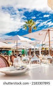 Cape Town, South Africa - May 12, 2022: Table Setting At Grand Africa Cafe And Beach Bar Restaurant