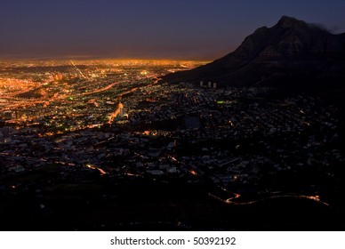 Cape Town, South Africa At Night, With The City  Lit Up By All The Lights