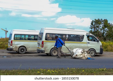 Cape Town, South Africa - November 2020: Black African Homeless Man Dragging Trash In Cart In South African Township. Minibus Taxi Rank In The Background.