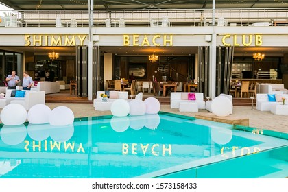 Cape Town, South Africa - October 13, 2019: Infinity Pool At The Shimmy Beach Club At The V&A Waterfront Harbor 