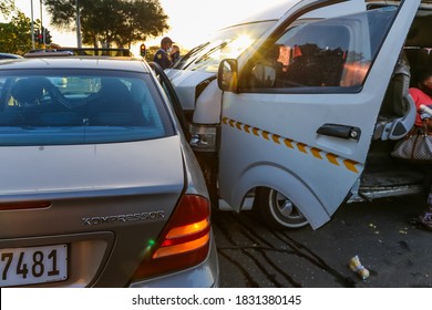 Cape Town, South Africa - October 2020: South African Taxi involved in vehicle accident, many victims in overloaded taxi, drunk driver no license.