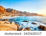 Cape Town Sunset over Camps Bay Beach with Table Mountain and Twelve Apostles in the Background, South Africa 