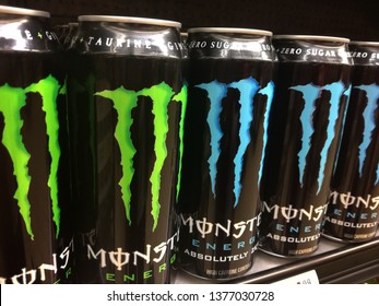 Cape Town, Western Cape / South Africa - April 22, 2019: Monster Energy Drink Cans On Shelf In A Freezer
