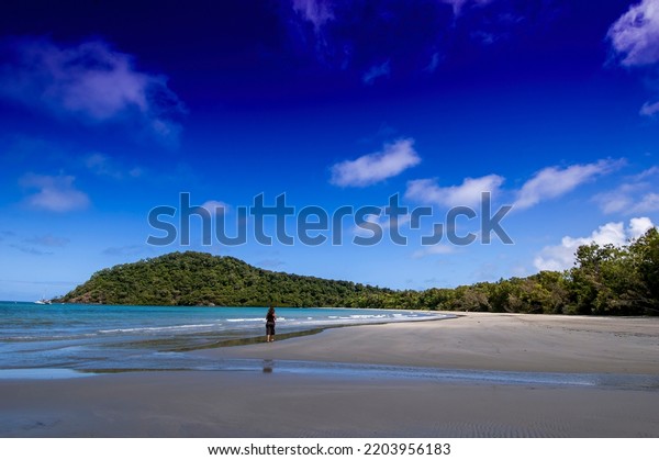 Cape Tribulation Beach in\
Far North Queensland, where the rainforest meets the reef. Cape\
Trib is backed by the Daintree Rainforest about 140km north of\
Cairns.