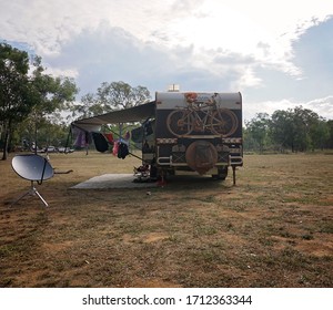 Cape York , Far North Queensland Australia,07/15/2016. A Very Dirty Caravan After Travelling The Road To The Tip Of Australia.