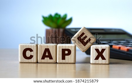 CAPEX - the word on the cubes on the background of the calculator and cactus. Business fnd finance concept.