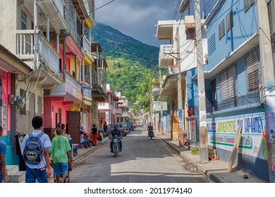 CAP-HAITIEN, HAITI - JANUARY 11, 2019: The iconic brightly colored buildings, plentiful balconies, and narrow streets of beautiful Cap-Haitien, Haiti.