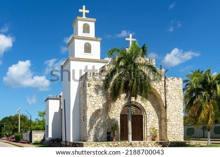 Capilla Santa Cruz Catholic Church Building Exterior on Waterfront. Small stone Catholic church, Cozumel, Mexico.