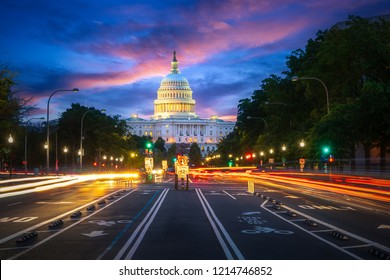 Capital Building In Washington DC City At Night Wiht Street And Cityscape, USA, United States Of Amarica