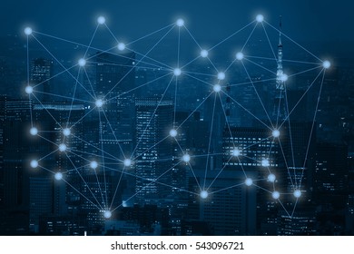 Capital City And Glow Line As Business Global Network Connection Concept. Block Chain Network.