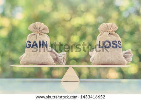 Capital investment gain and loss, financial concept : Gain and loss bags on a basic balance scale, depicts balancing between profit and loss while managing assets e.g bonds, stocks, derivatives, ETFs