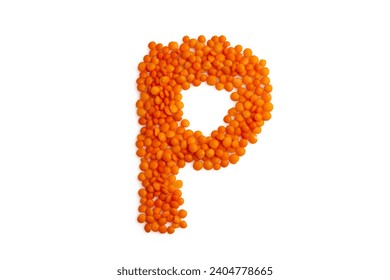 The capital letter 'P' formed from red lentil grains against a clean white backdrop. Perfect for a food blog and menu