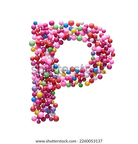 Capital letter P made of multi-colored balls, isolated on a white background.