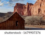 The capital reef barn in Fruita utah During the start of golden hour right at the end of a perfect adventure