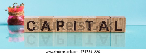 Capital - word\
from wooden blocks with letters, to divide or use something with\
others share concept, blue\
background