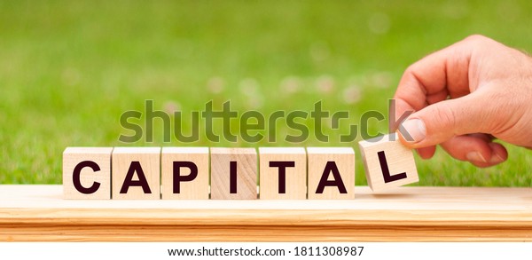 Capital -\
word from wooden blocks with letters, to divide or use something\
with others share concept, green\
background