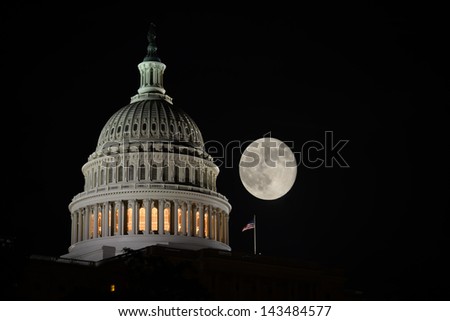 Capitol Building dome detail an full moon at night, Washington DC - United States