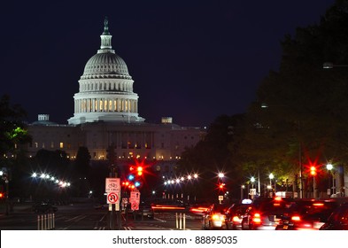 Capitol Building At Night With Street And Car Lights, Washington DC USA