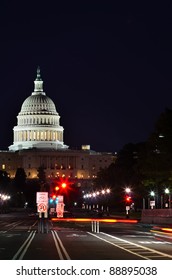 Capitol Building At Night With Street And Car Lights, Washington DC USA