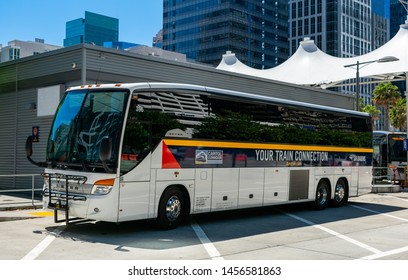 Capitol Corridor Transfer Bus At The Downtown Transbay Temporary Terminal - San Francisco, California, USA - July 12, 2019 