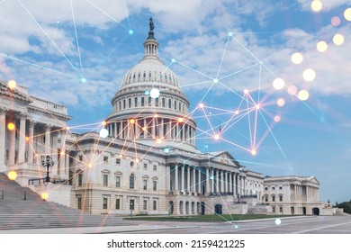 Capitol dome building exterior, Washington DC, USA. Home of Congress and Capitol Hill. American political system. Social media hologram. Concept of networking and establishing new people connections - Shutterstock ID 2159421225