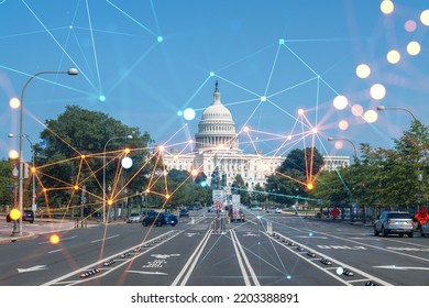 Capitol Dome Building Exterior, Washington DC, USA. Home Of Congress And Capitol Hill. American Political System. Social Media Hologram. Concept Of Networking And Establishing New People Connections