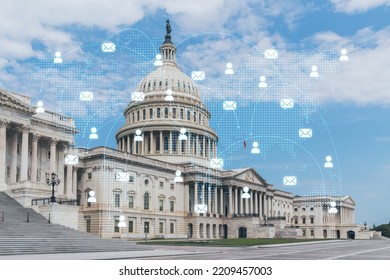 Capitol Dome Building Exterior, Washington DC, USA. Home Of Congress And Capitol Hill. American Political System. Social Media Hologram. Concept Of Networking And Establishing New People Connections