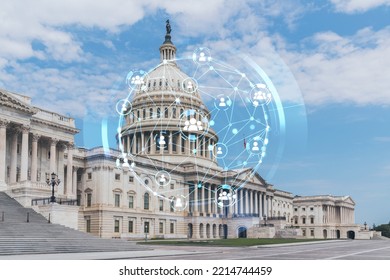 Capitol Dome Building Exterior, Washington DC, USA. Home Of Congress And Capitol Hill. American Political System. Social Media Hologram. Concept Of Networking And Establishing New People Connections