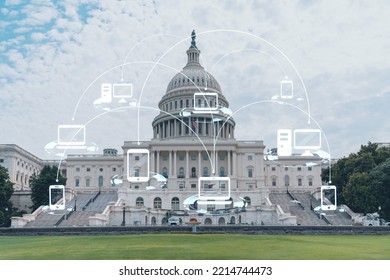 Capitol Dome Building Exterior, Washington DC, USA. Home Of Congress And Capitol Hill. American Political System. Social Media Hologram. Concept Of Networking And Establishing New People Connections