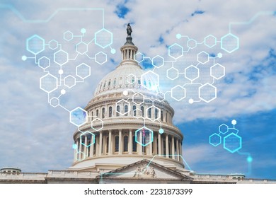 Capitol dome building exterior, Washington DC, USA. Home of Congress and Capitol Hill. American political system. Decentralized economy. Blockchain, cryptography and cryptocurrency concept, hologram