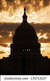 Capitol Hill Building Dome Silhouette In The Morning With Colorful Cloud , Washington DC. 