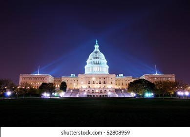 Capitol Hill Building At Night Illuminated With Light, Washington DC.