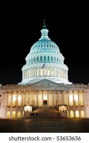 Capitol Hill Building At Night Illuminated With Light, Washington DC.