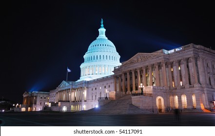 Capitol Hill Building At Night Illuminated With Light, Washington DC.