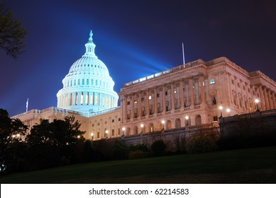 Capitol Hill Building At Night Illuminated With Light, Washington DC.