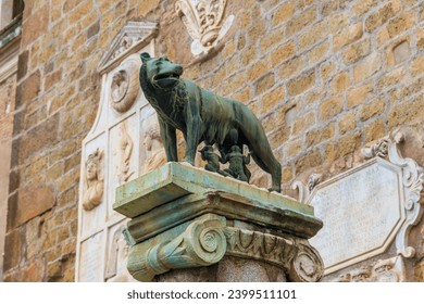 Capitoline Wolf, bronze sculpture of the mythical she-wolf suckling the infant twins Romulus and Remus, in Rome, Italy. Scene from the legend of the founding of Rome