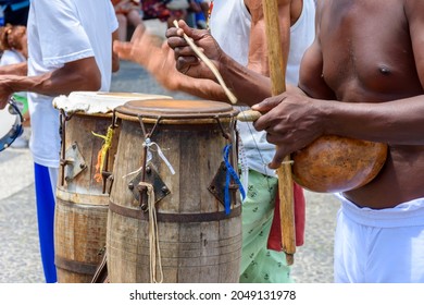 Capoeira and its musical instruments presentation on the streets of Pelourinho in Salvador, Bahia