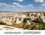 Cappadocia fairy chimneys landscape in Goreme, Turkey with unique rock formations, scenic valley view, blue sky, natural wonders, historical travel destination, geological erosion structures