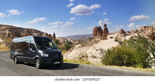 Cappadocia, Turkey 11.08.2022:Black Passenger Mercedes-Benz Sprinter In Turkey. This Model Is The Most Popular Minibus In Europe 